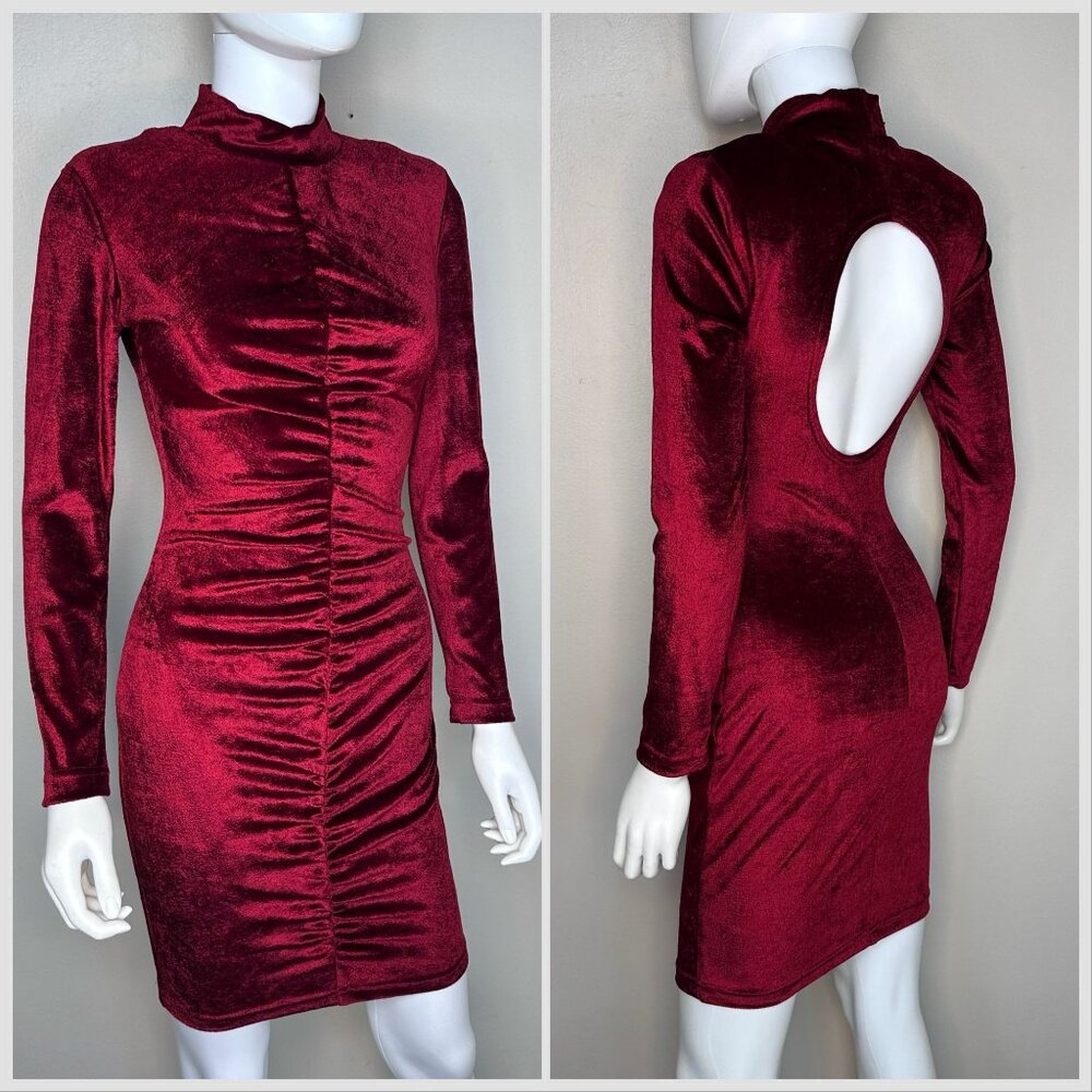 Vintage 1980s/90s Red Velour Body Con Dress with Back Cut Out, Yes Clothing XS/S